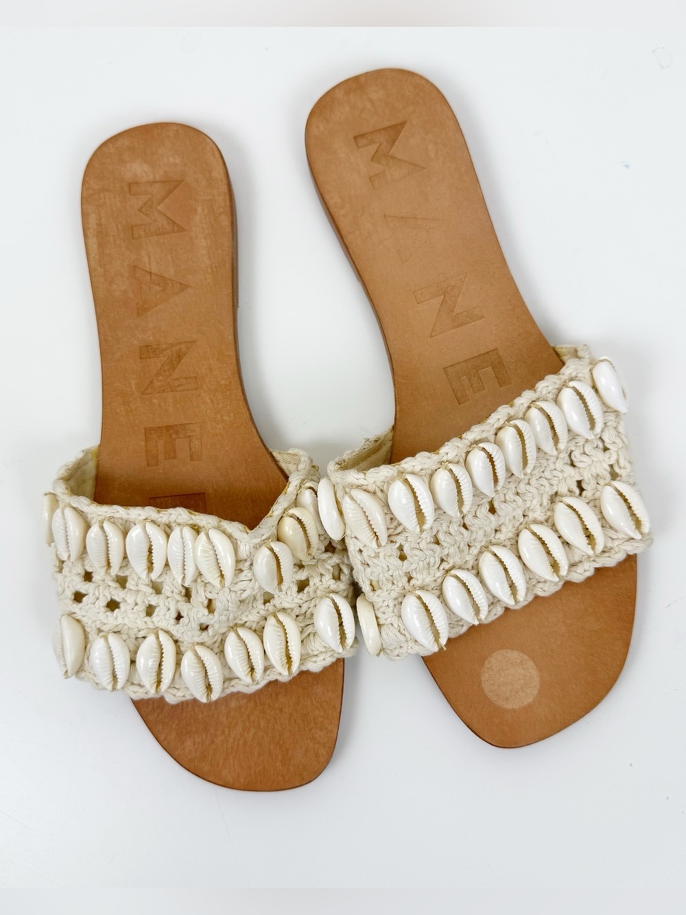 MANEBI Yucatan Raffia Sandals Crochet Shell Leather Slide